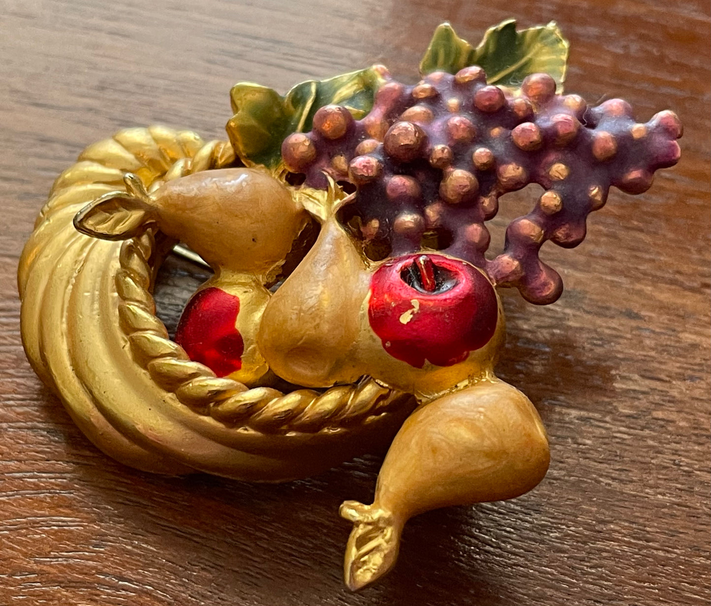 Vintage Signed AAI Cornucopia Harvest Painted Fruit Brooch Pin