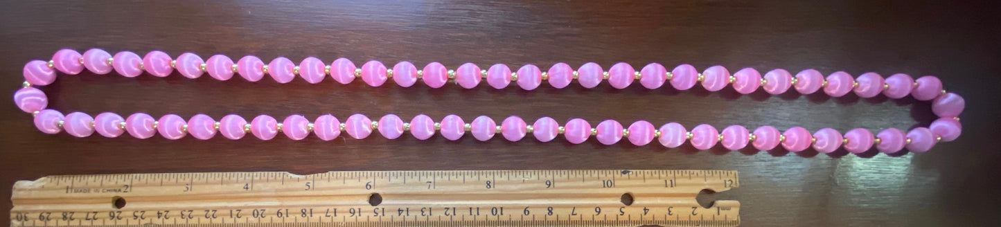 60's Bright Neon Pink Satin Bead Shiny Gold Bead Long Necklace