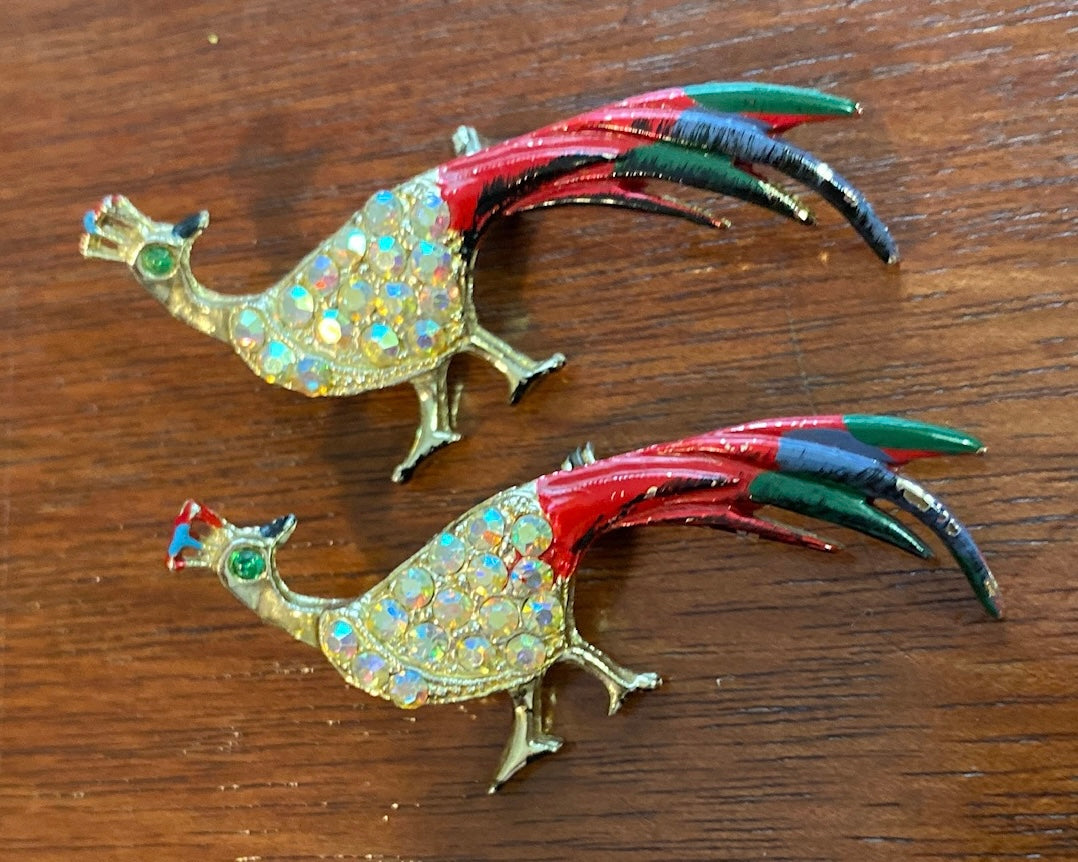 Set of 2 Vintage AB Aurora Borealis Painted Peacock Brooch Pins
