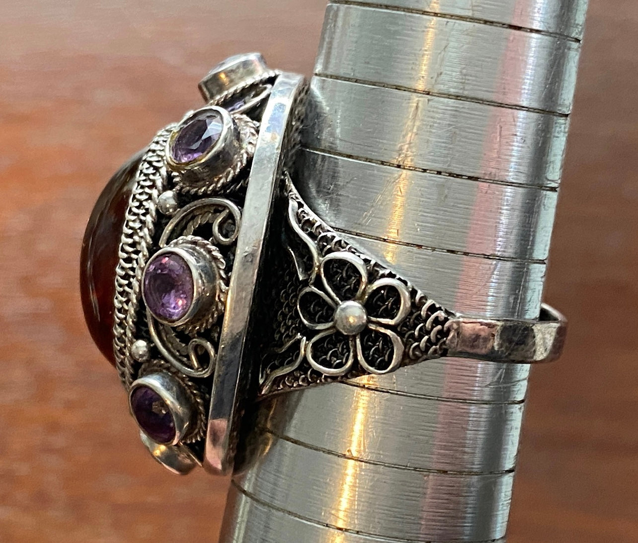 Sterling Silver 925 Amber Cabochon Amethyst Statement Ring Sz 10 Signed BJ