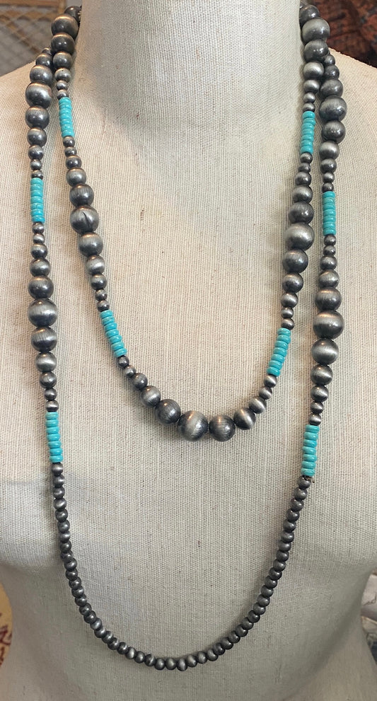 Brushed Silver Tone Bead Howlite Faux Turquoise Necklace Earrings Set