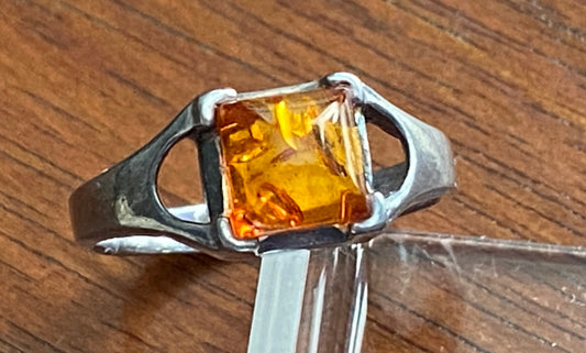 Sterling Silver 925 Square Amber Ring Sz 5.5