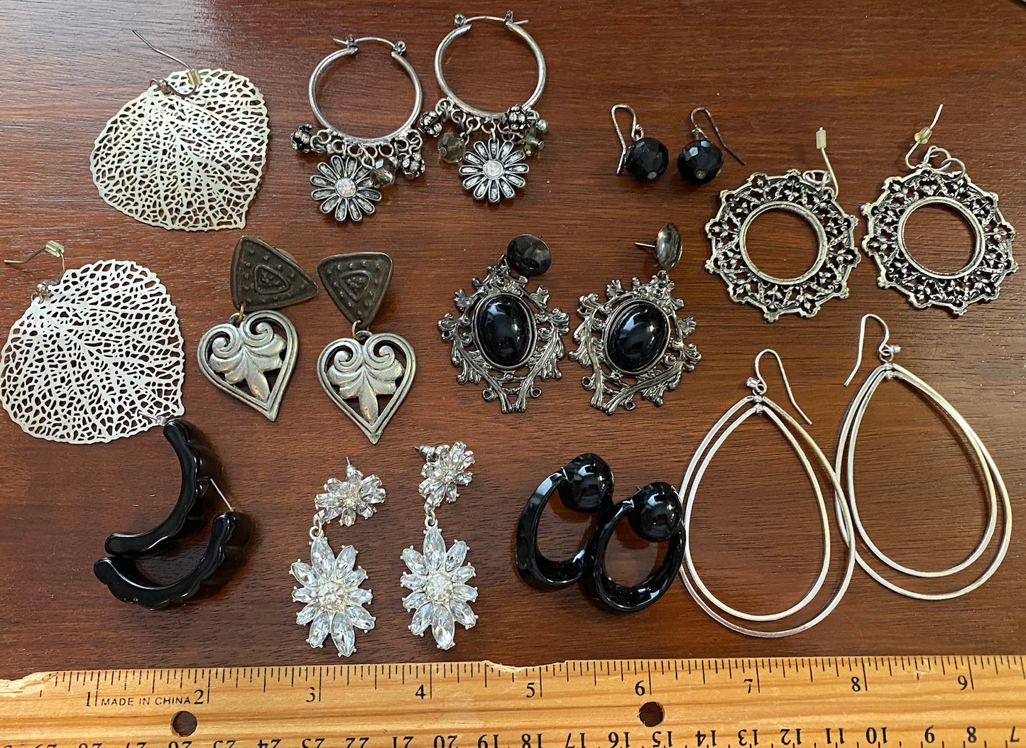 Lot of 10 Pairs of Earrings Pierced Silver Black Heart Filigree Drop Rhinestone