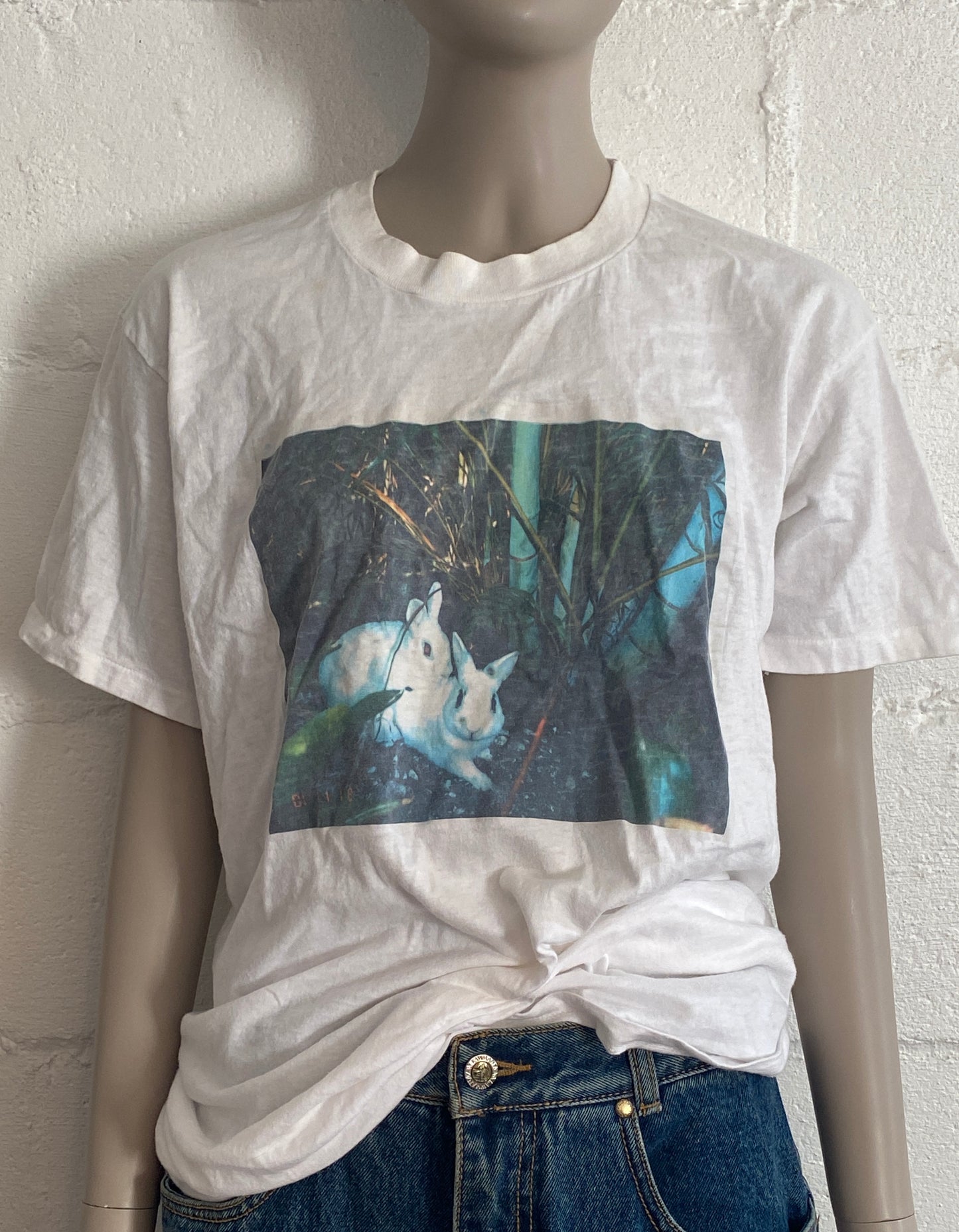 Unisex Vintage 80's Graphic Print Short Sleeve T-shirt Rabbits Forest Sz M