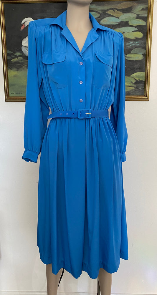 Vintage 80's Secretary The Shirt Dress Blue Button Front Andrea Gayle