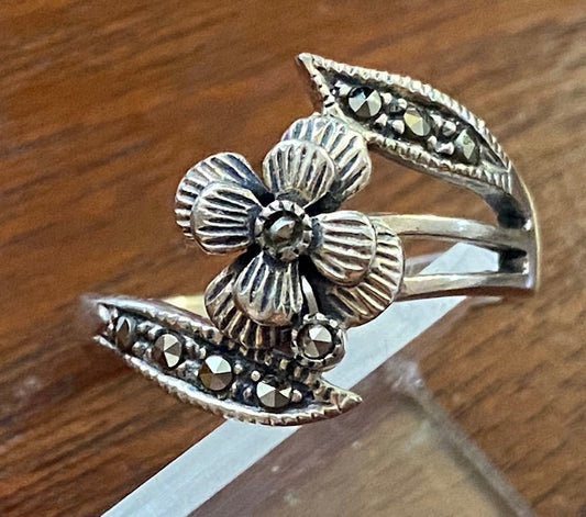 Sterling Silver 925 Marcasite Bypass Flower Ring Sz 8.75