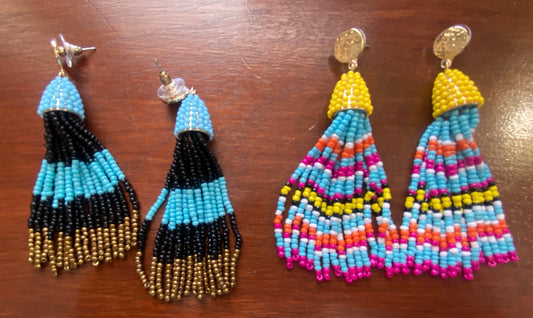 Set of 2 Seed Bead Tassel Pierced Statement Earrings Colorful
