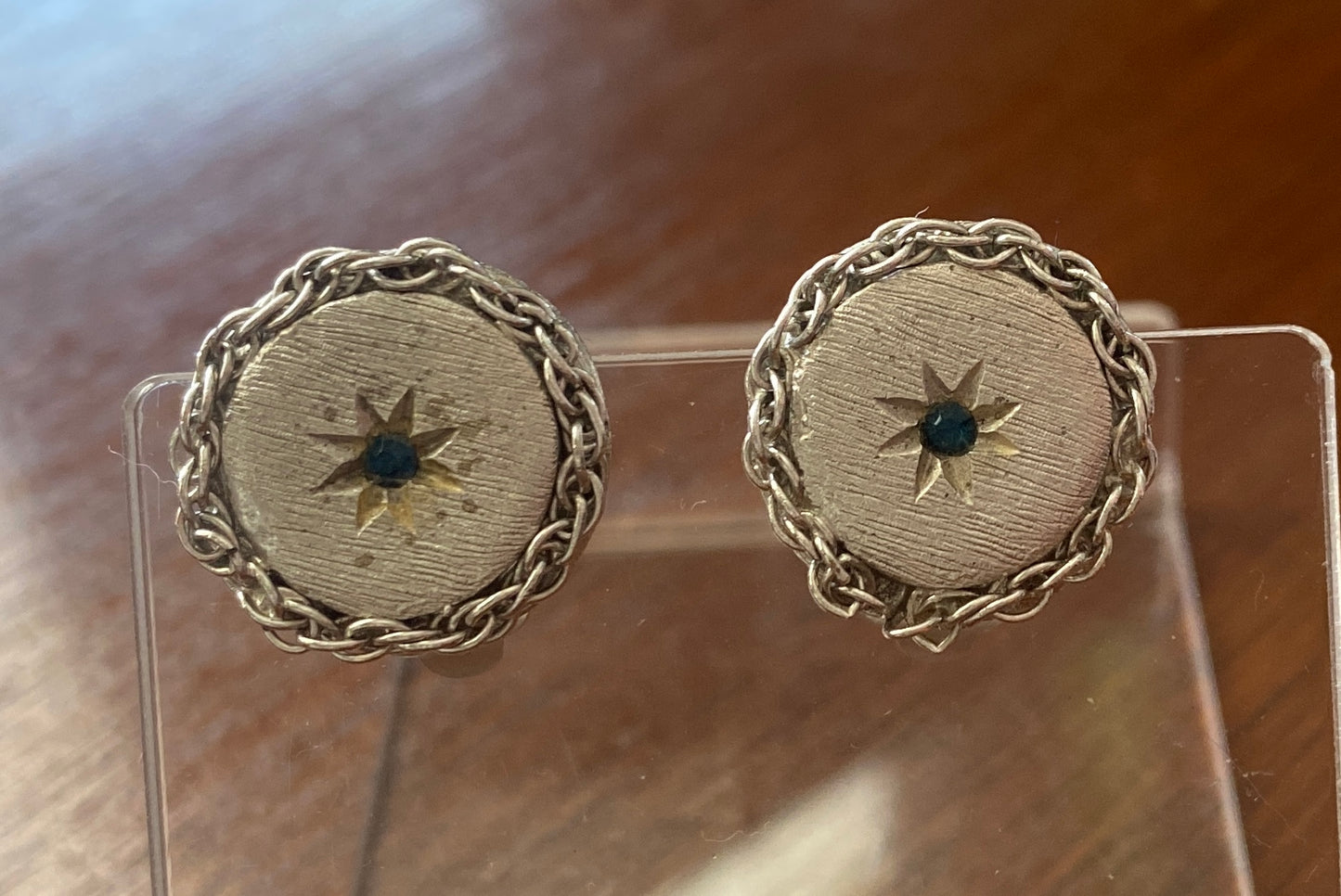 Vintage Textured Silvertone Metal Round Starburst Blue Stone Clip on Earrings