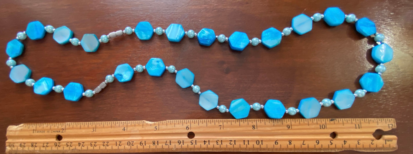 Blue Iridescent Pearlescent Disc Hexagon Shaped Single Strand Bead Necklace