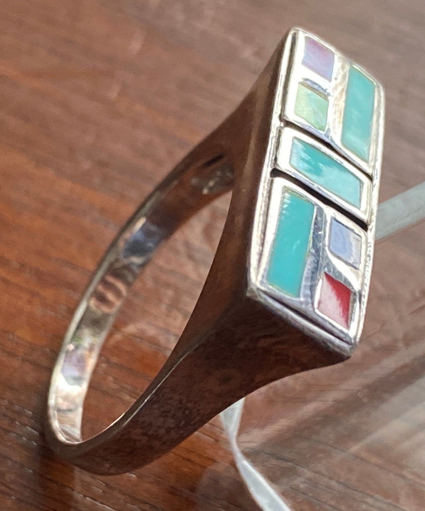 Sterling Silver 925 Turquoise Coral Inlay Modern Style Ring Sz 7.75