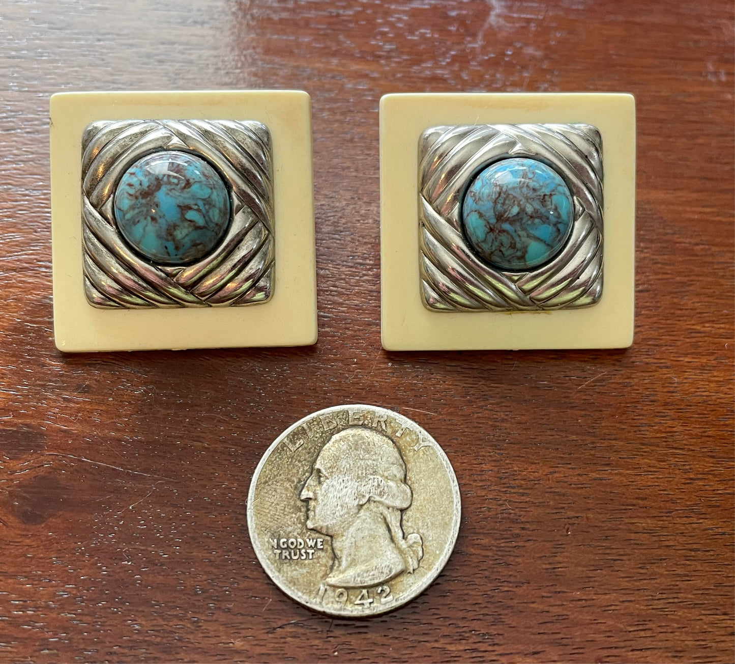 Vintage 80's Square Pierced Earrings Faux Turquoise Silver Tone