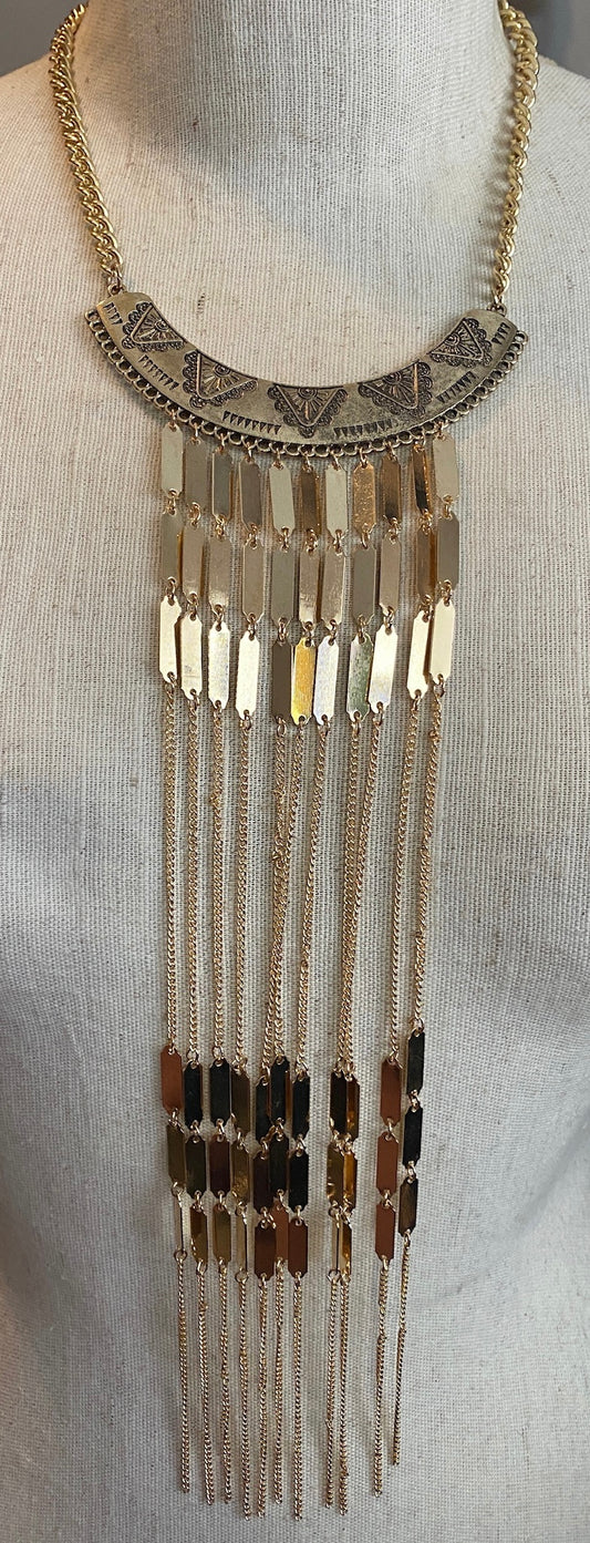 Gold Tone Chain Statement Tassel Fringe Necklace Boho