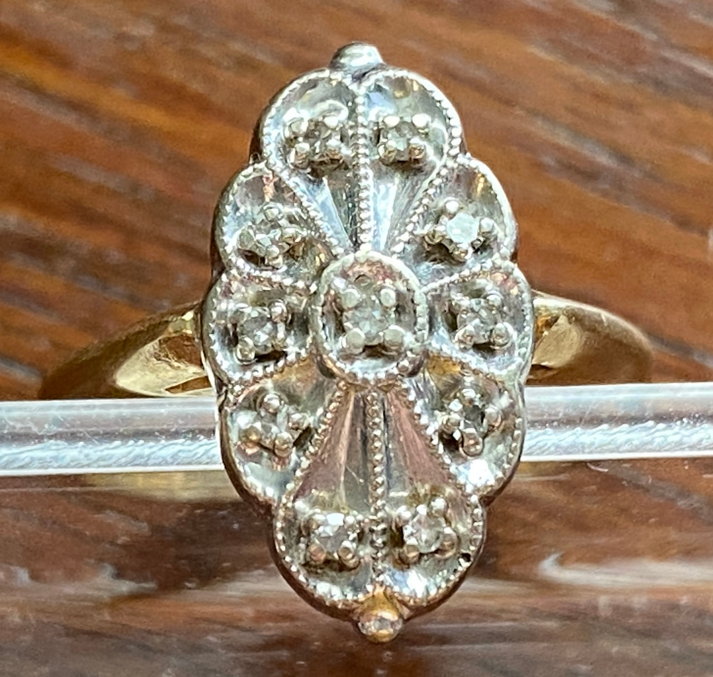 Vintage 14k White & Yellow Gold Milgrain Diamond Cluster Ring Sz 4.75