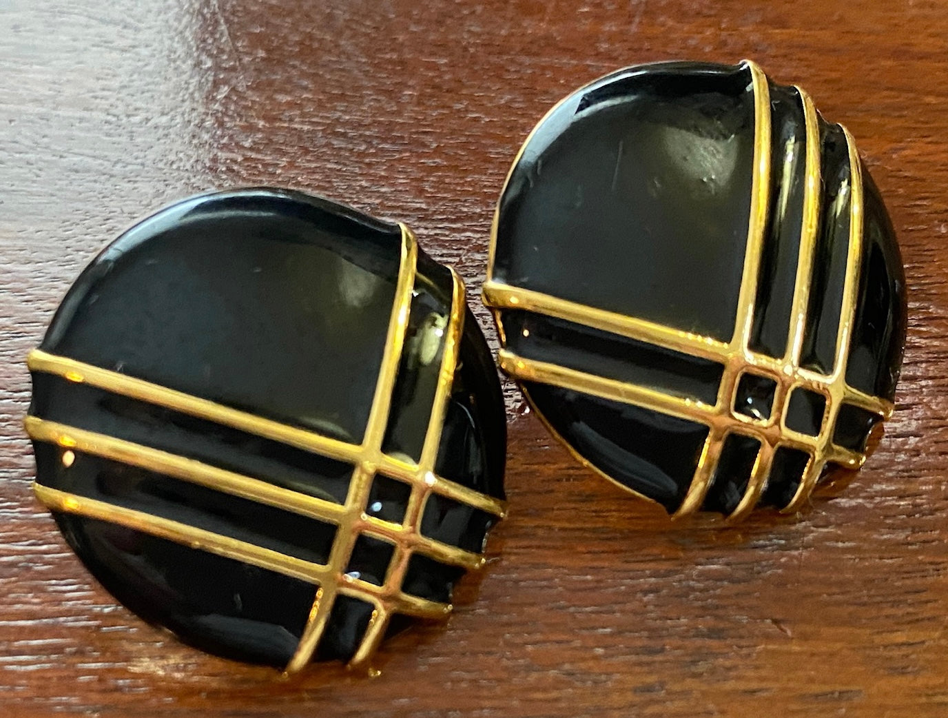 Vintage Signed Napier Black Gold Round Pierced Earrings