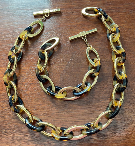 Nine West Gold Tone Chain Faux Tortoise Shell Necklace Bracelet Set