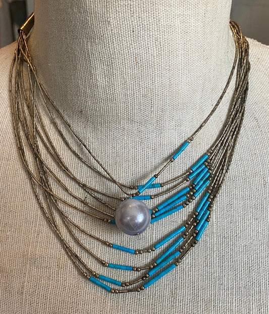 Silvertone Metal Faux Turquoise Pearl Mesh Multistrand Necklace