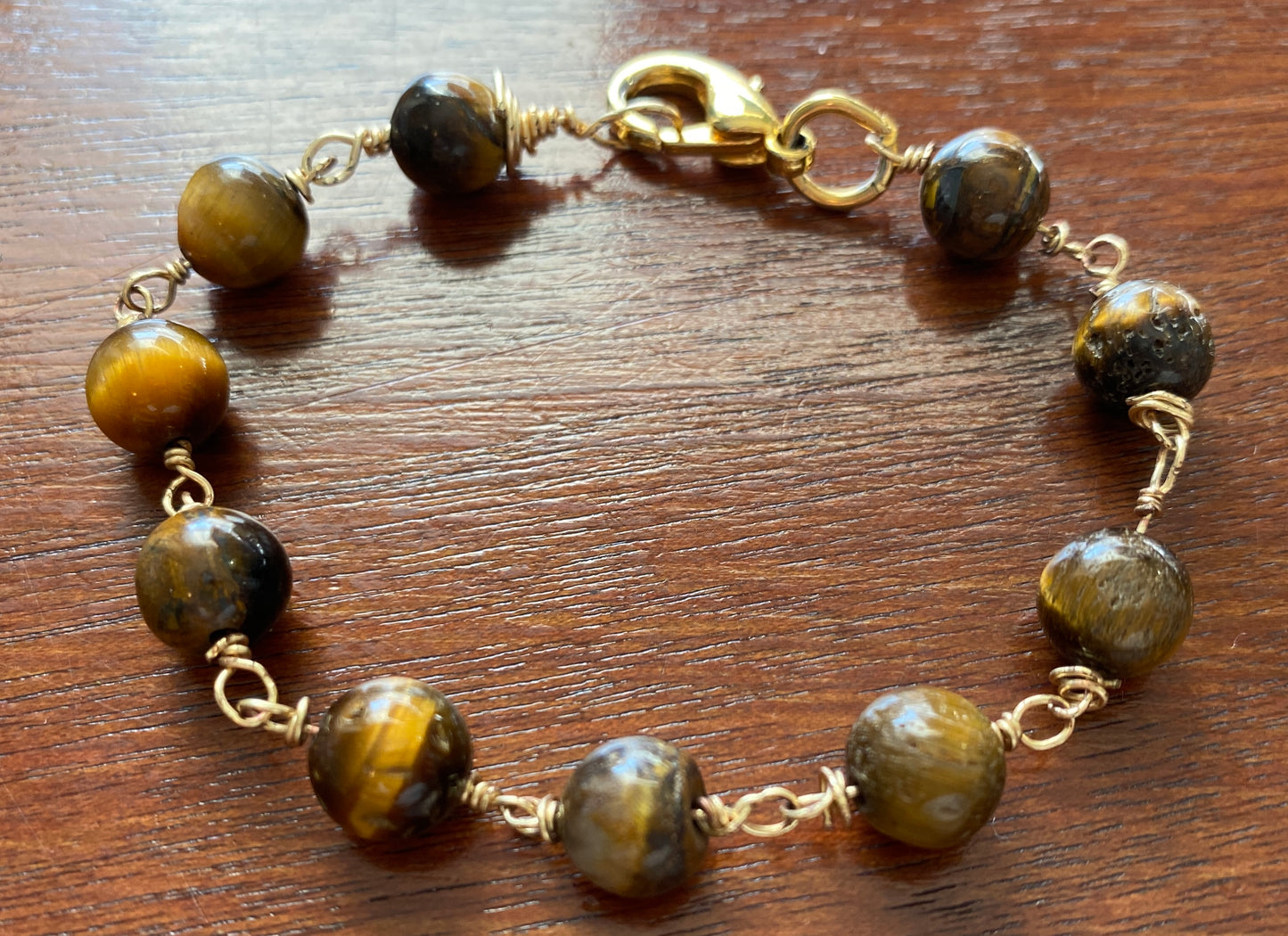 Vintage Tigers Eye Ball Bead Gold Tone Chain Link Bracelet