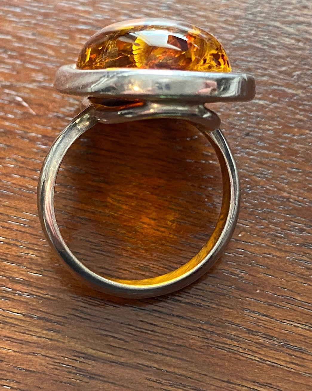 Large Faux Amber Cabochon Sterling Silver Modern Design Ring Sz 8.75