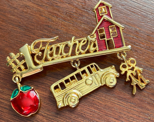 Vintage Signed Danecraft Teacher School Enamel Gold Tone Brooch