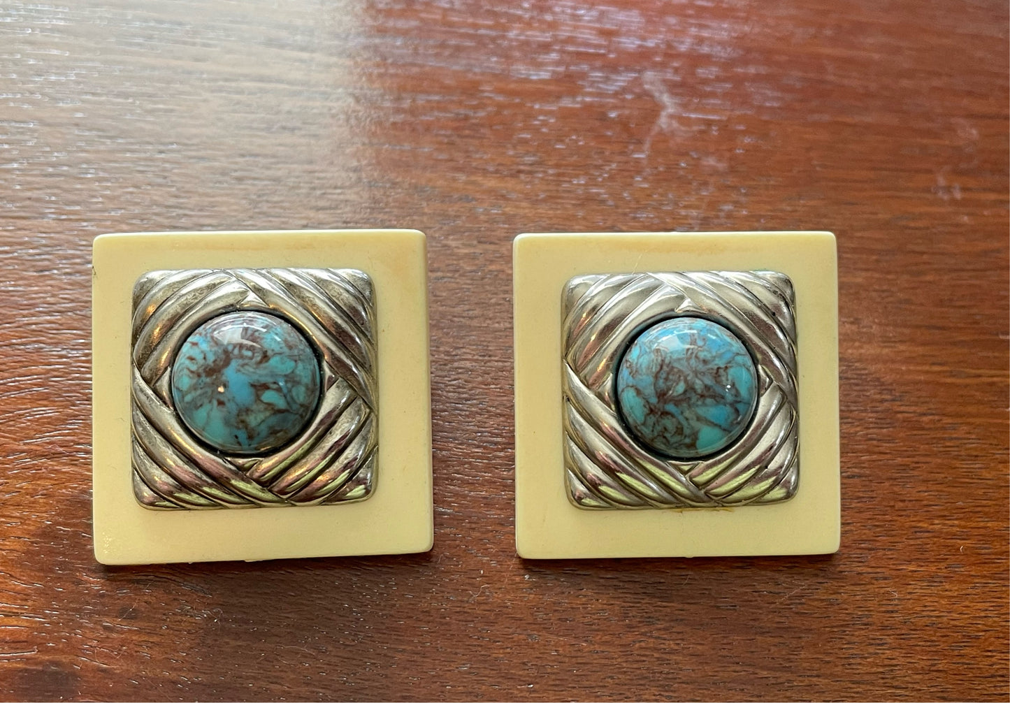 Vintage 80's Square Pierced Earrings Faux Turquoise Silver Tone