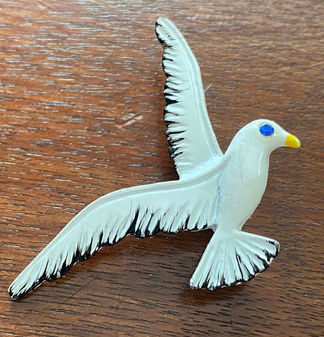 Vintage Signed Gerris White Enamel Blue Rhinestone Dove Bird Brooch Pin