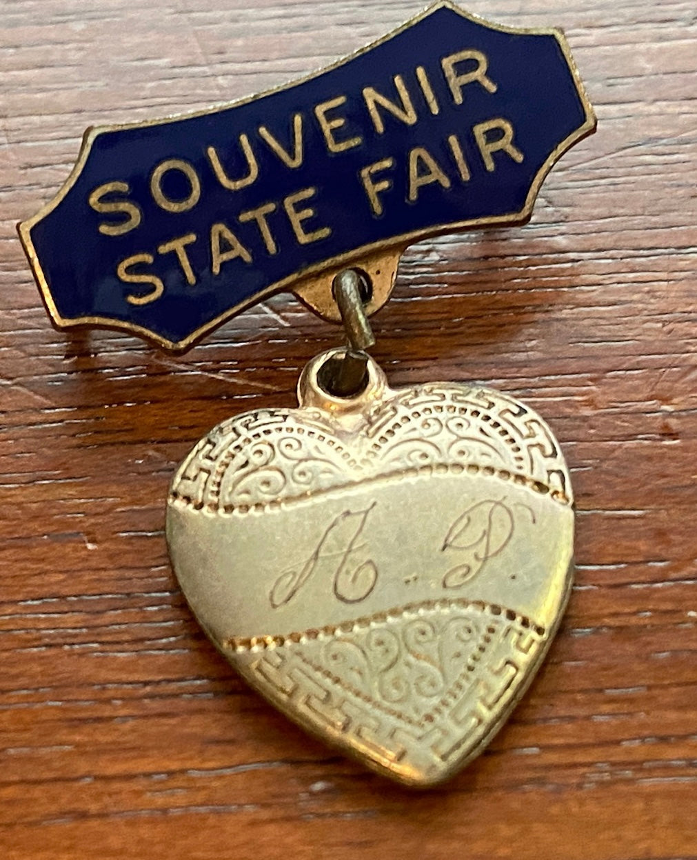 Vintage Antique Gold Filled Enamel Souvenir State Fair Heart Brooch Pin