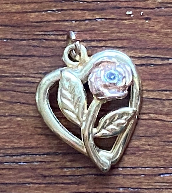 14k Yellow Rose Gold Diamond Chip Heart Rose Charm Pendant