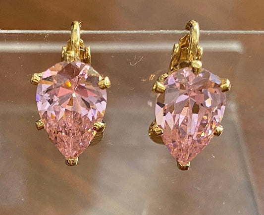 Gold Tone Metal 4ct Pink Cubic Zirconia CZ Pear Shaped Clip on Stud Earrings