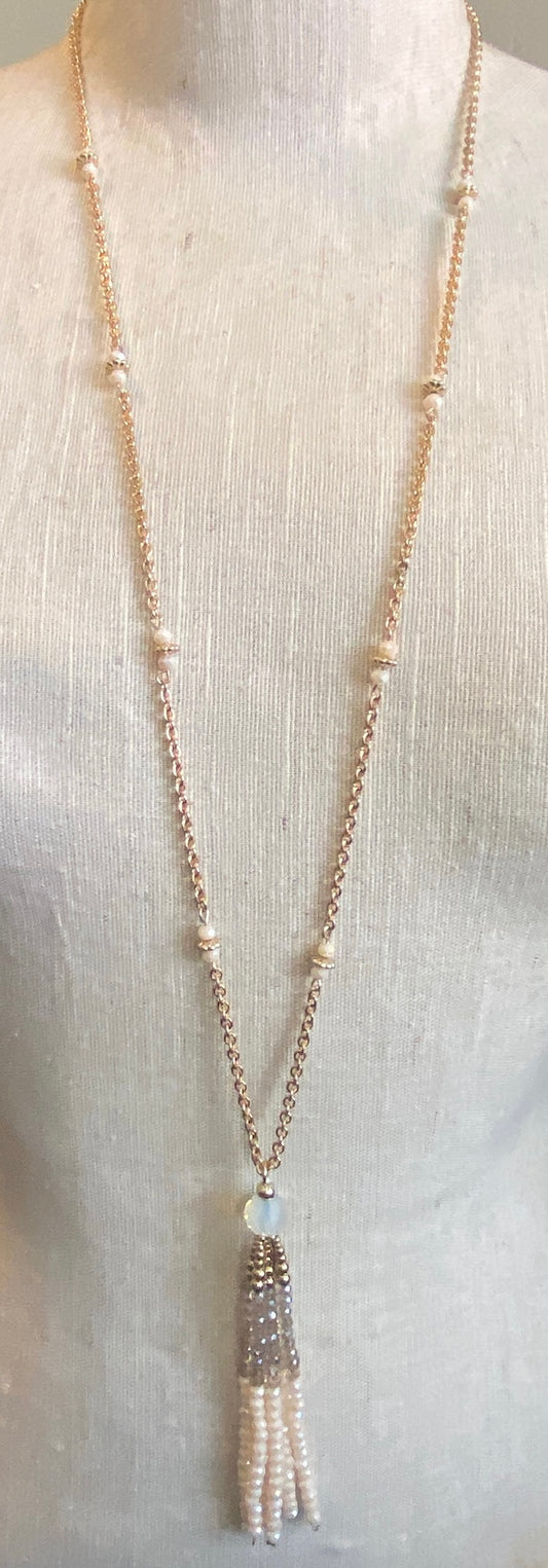 Gold Tone Chain Necklace Pastel Pink Tassel Necklace