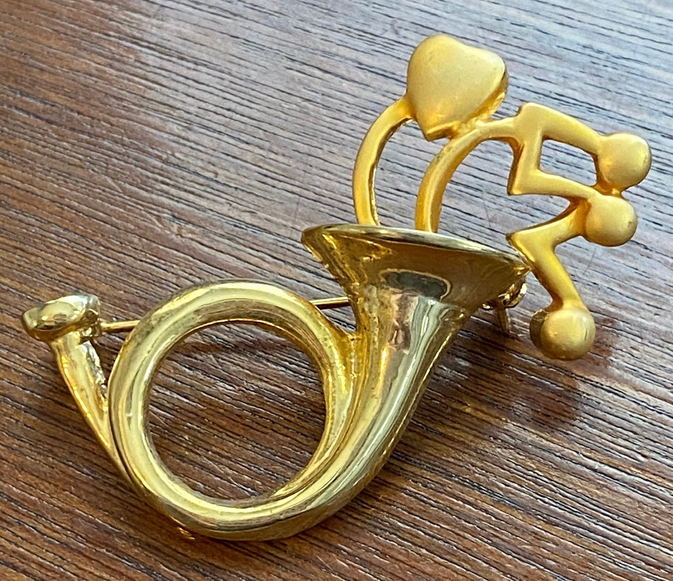 Vintage Two Tone Gold French Horn Music Heart Brooch Pin