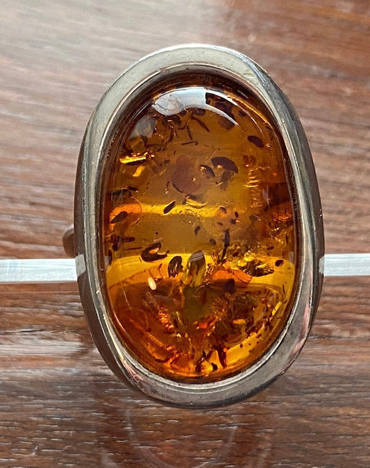 Large Faux Amber Cabochon Sterling Silver Modern Design Ring Sz 8.75