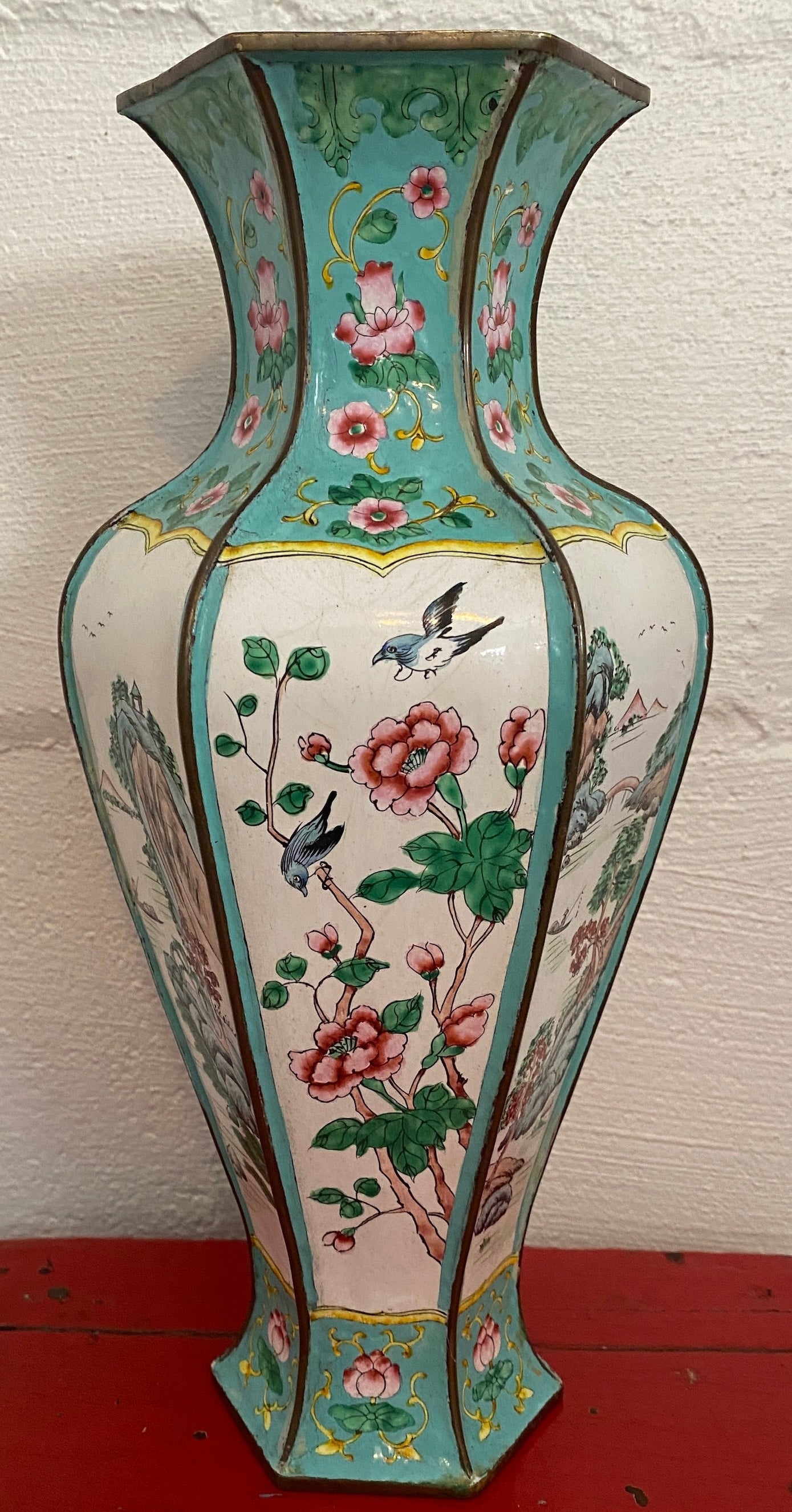 Vintage Chinese Cloisonne Enamel Over Copper 6 Paneled Vase Flowers Boats Birds