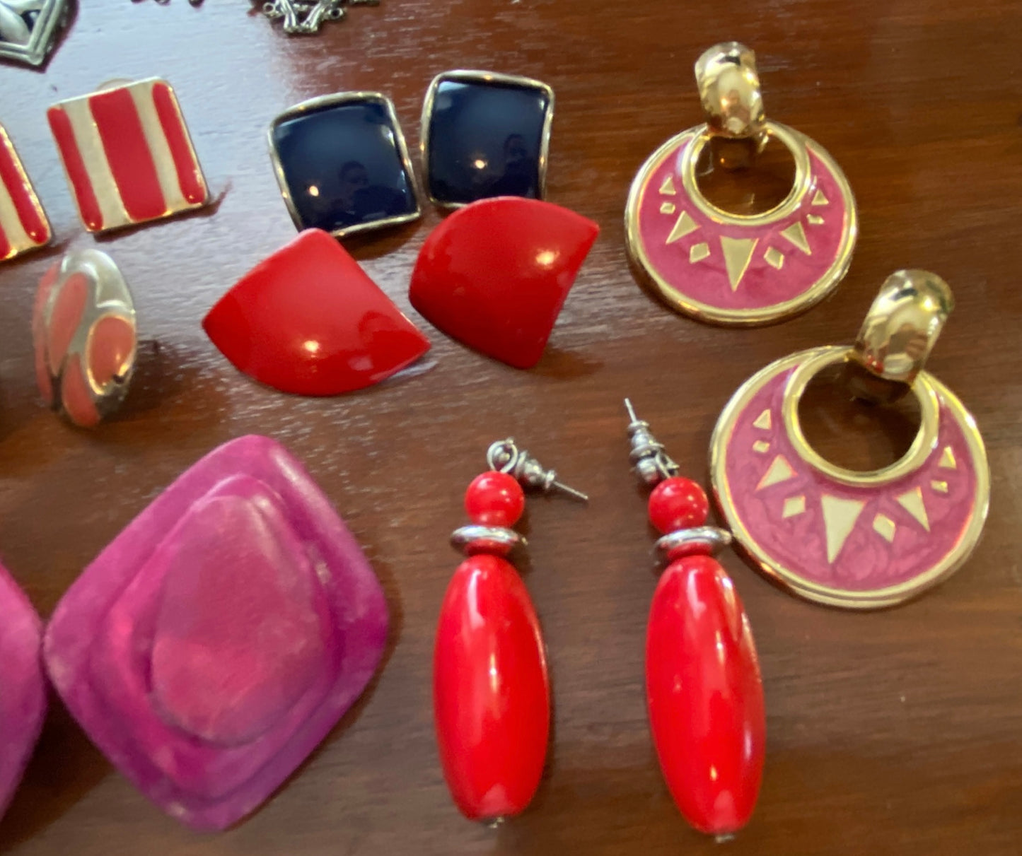 Lot of 10 Pairs of Pierced Earrings Vintage 80's Colorful Wood Painted Metal
