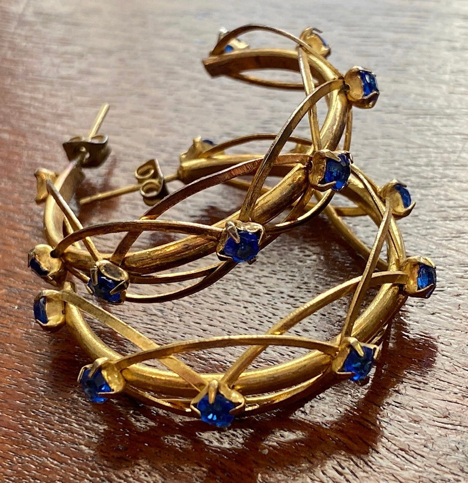 Vintage 80's Gold Tone Blue Rhinestone Half Hoop Pierced Earrings