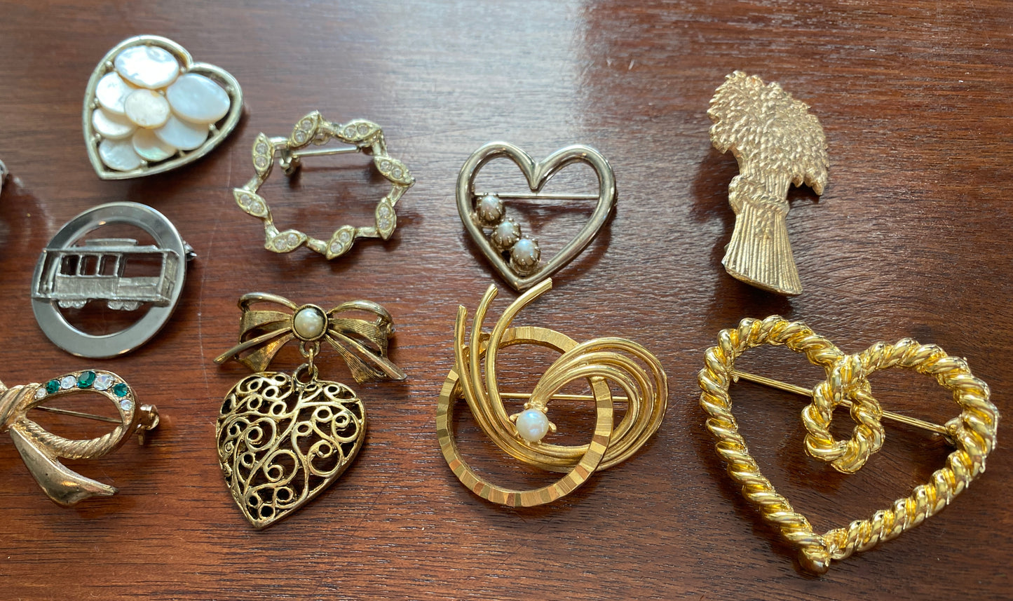 Vintage Brooch Pin Lot Gold Silver Tone Heart Ribbon Wheat Faux Pearl