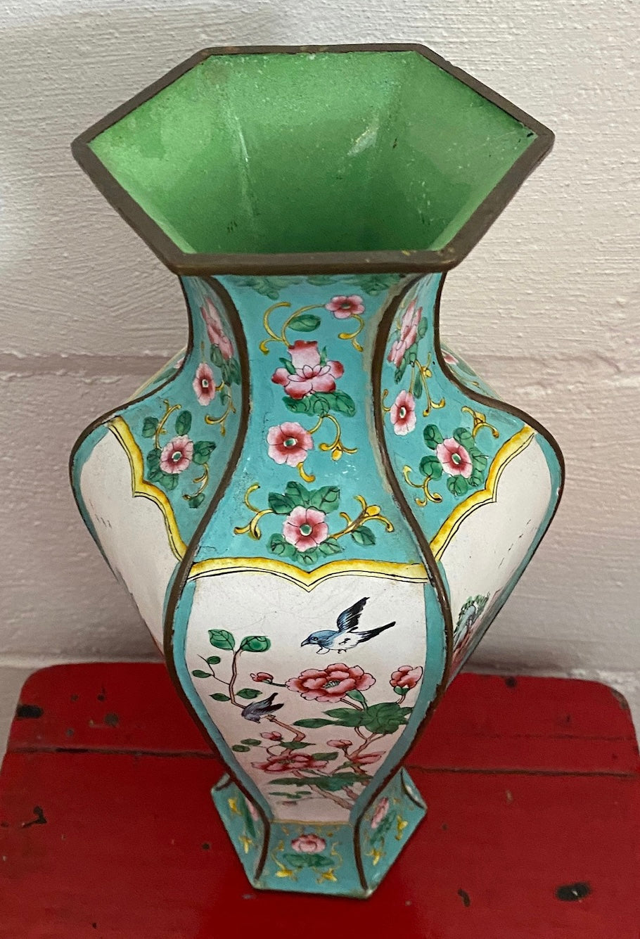 Vintage Chinese Cloisonne Enamel Over Copper 6 Paneled Vase Flowers Boats Birds