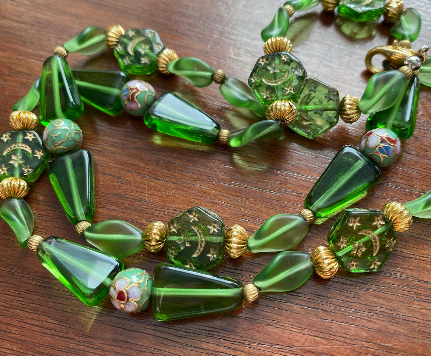 Vintage Cloisonne Floral Beads Moon Stars Green Necklace