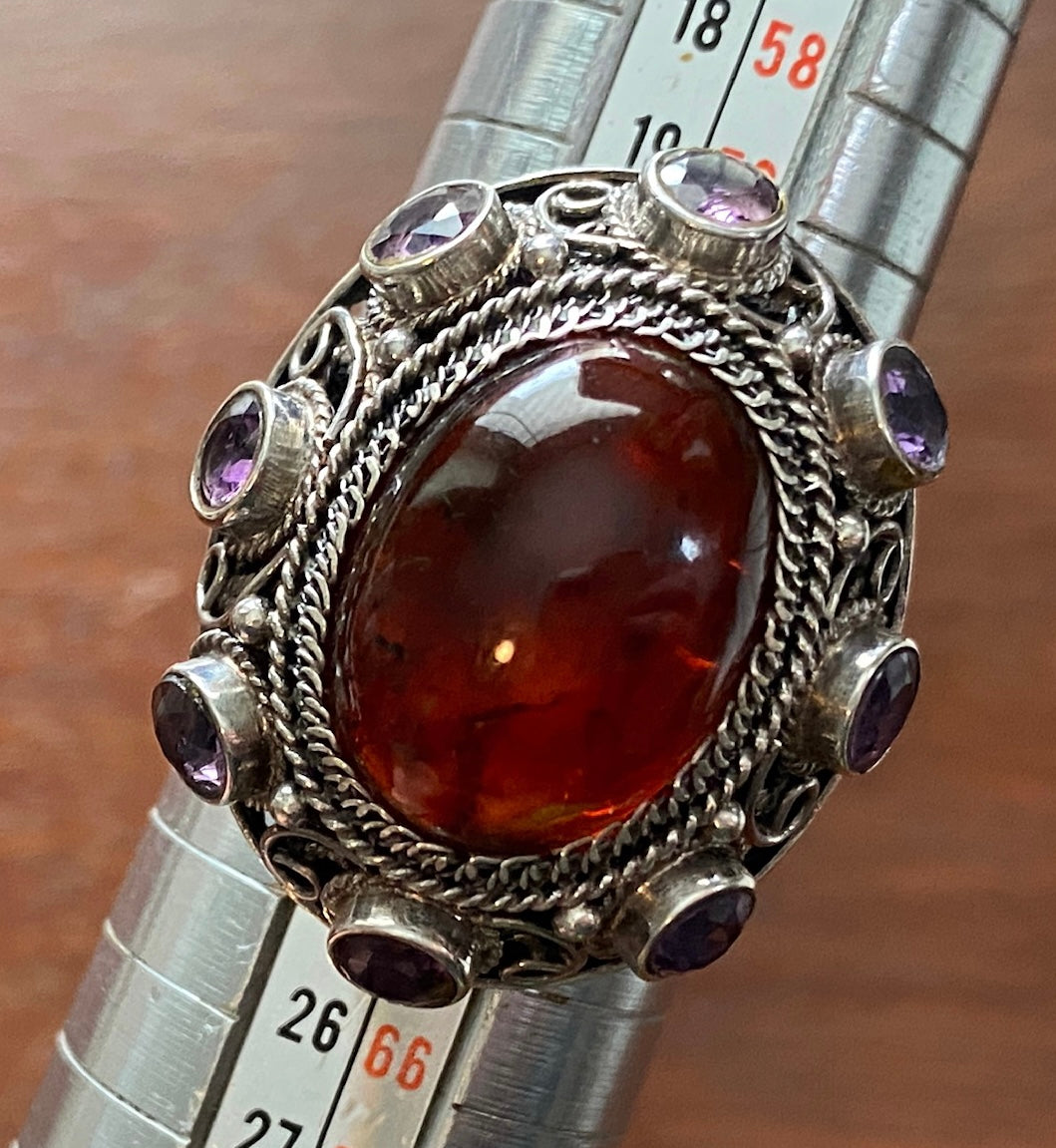 Sterling Silver 925 Amber Cabochon Amethyst Statement Ring Sz 10 Signed BJ