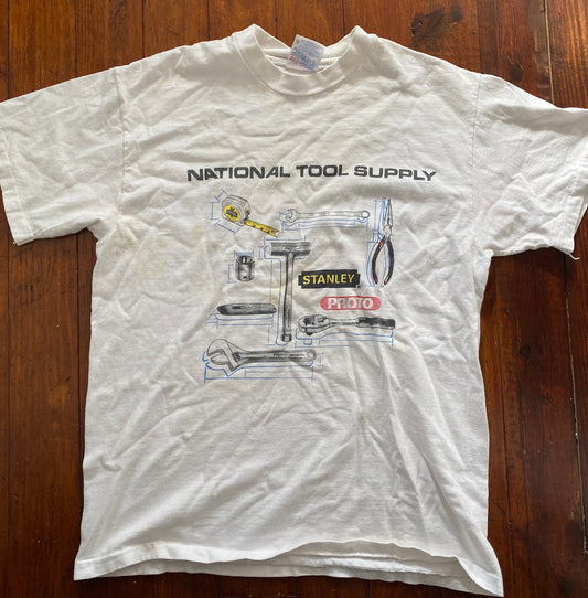 Vintage Mens Hanes T-shirt White National Tool Supply Stanley Graphic Sz M