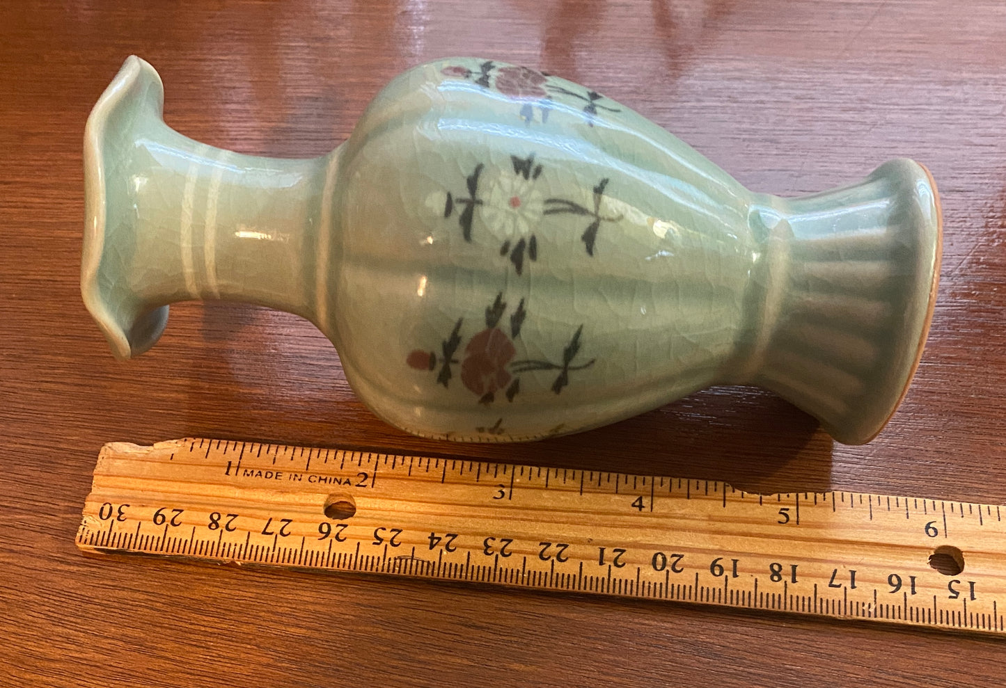 Vintage Signed Korean Celadon Painted Small Flower Vase