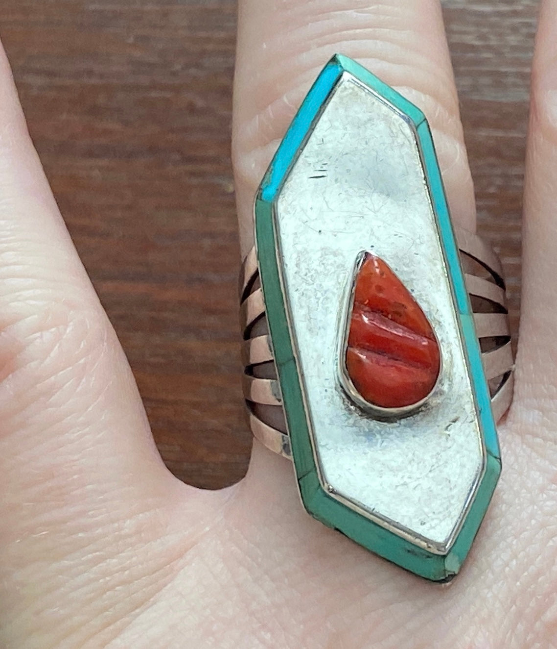 Vintage Sterling Silver Turquoise Border Red Coral Ring Sz 8
