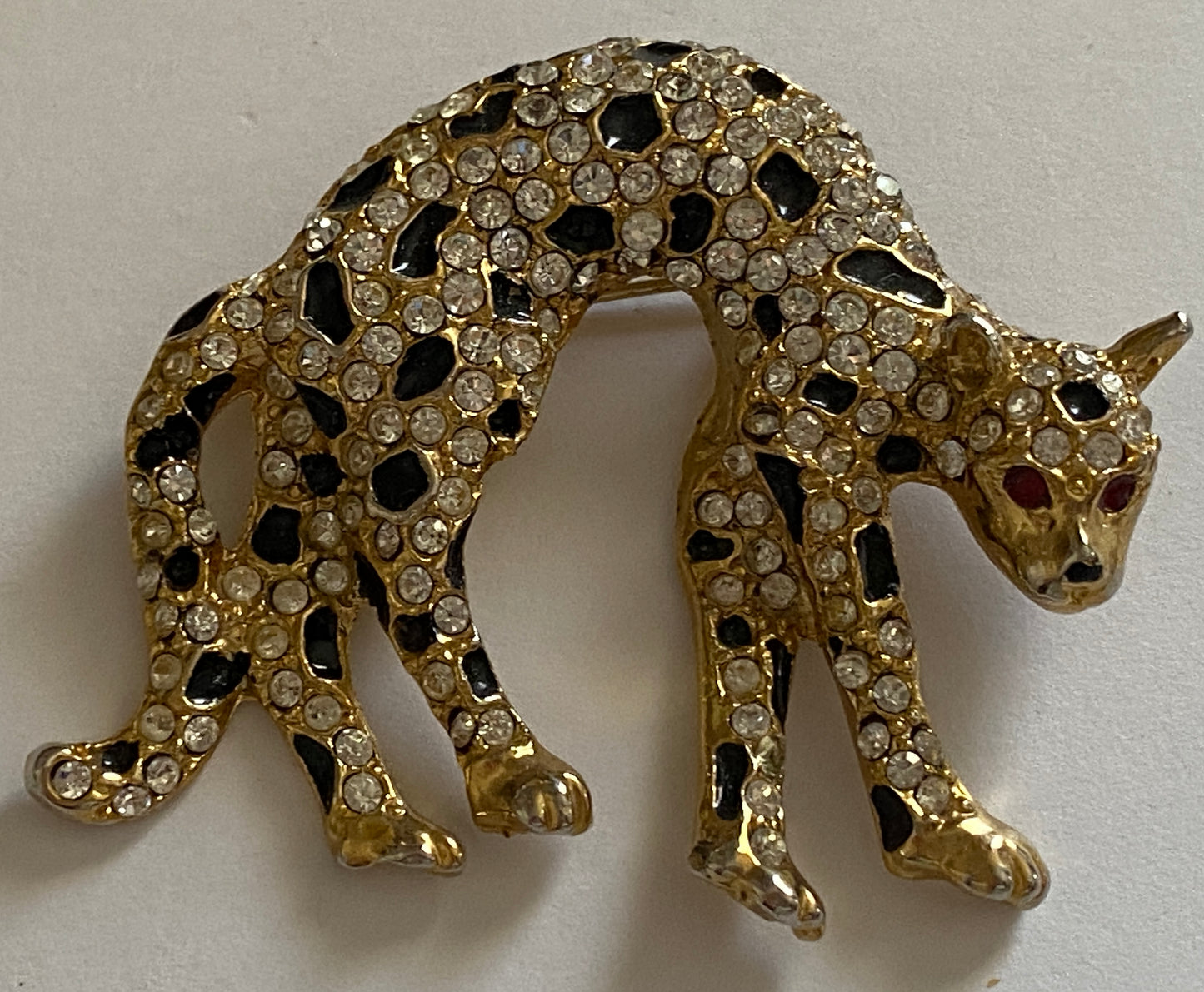 Vintage Rhinestone Enamel Cheetah Cat Brooch Pin