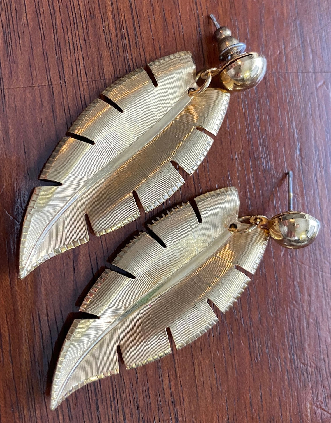 Vintage Two Tone Gold Metal Drop Dangly Leaf Pierced Earrings