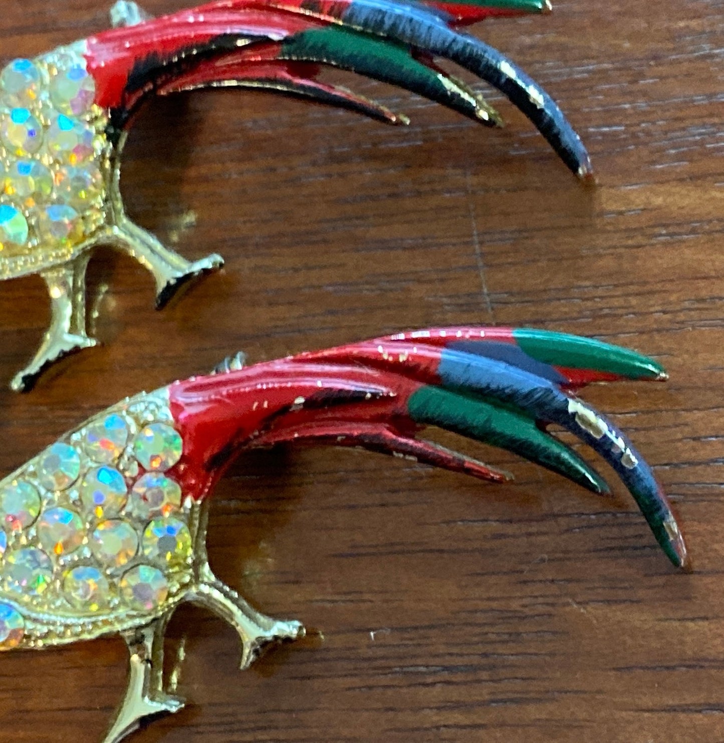 Set of 2 Vintage AB Aurora Borealis Painted Peacock Brooch Pins