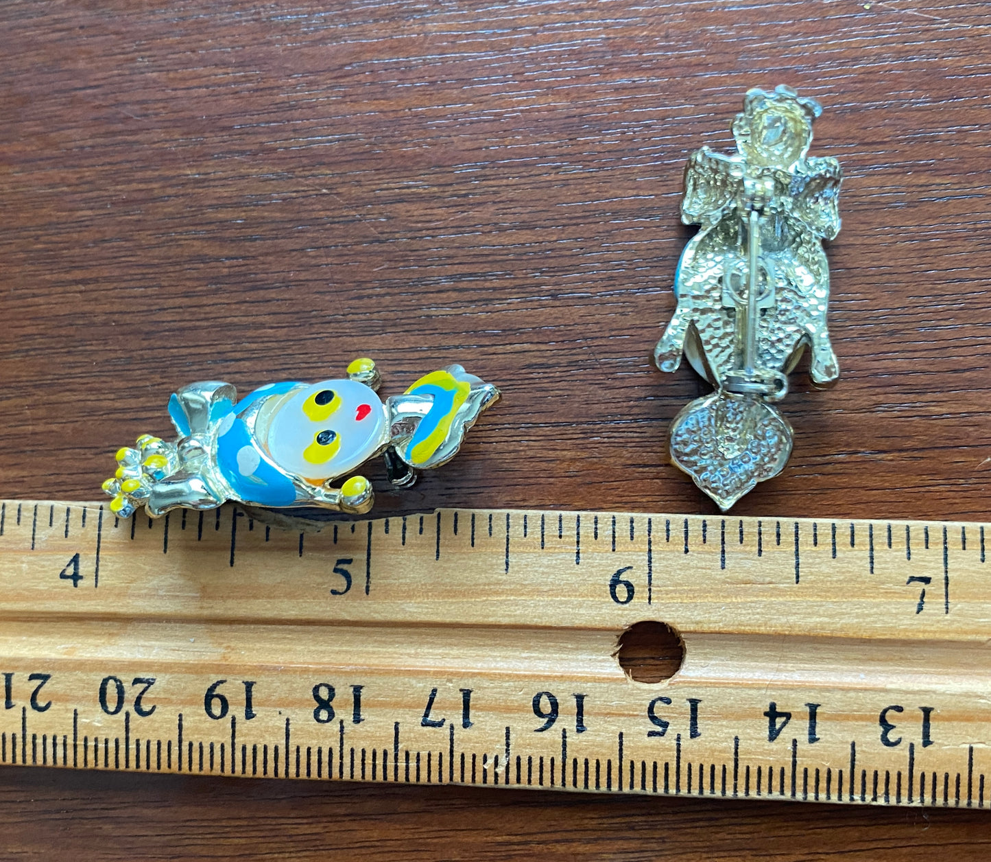Set of 2 Small Painted Gold Tone Clown Lady Brooch Pin Polka Dots