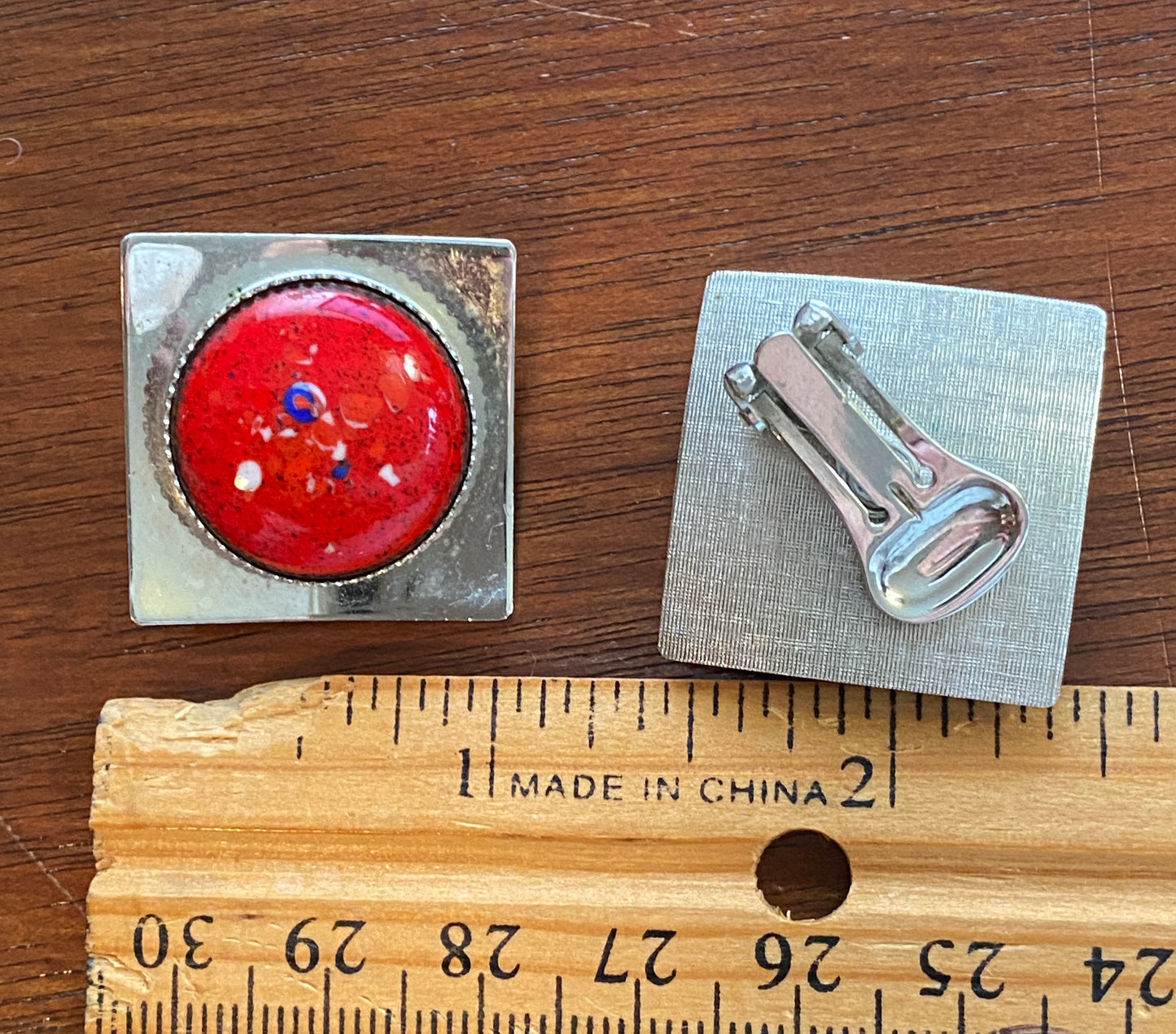 Vintage 80's Silvertone Square Copper Enamel Domed Clip on Earrings