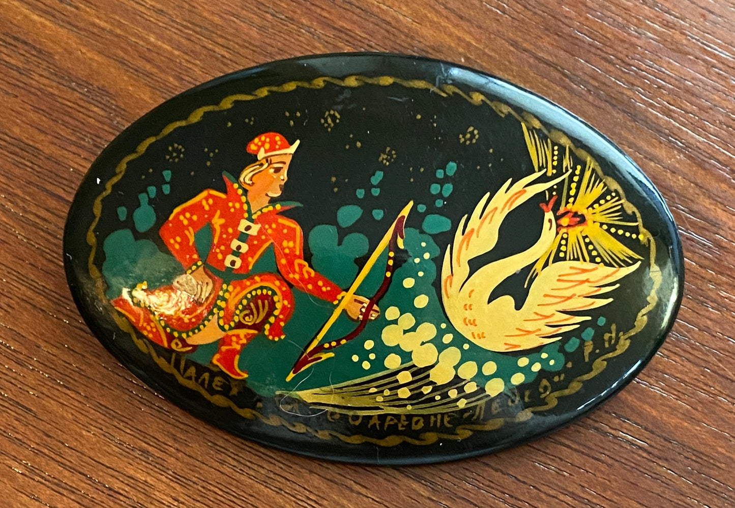 Vintage USSR Lacquered Brooch Pin Fairy Tale Scene Swan Geese Archer