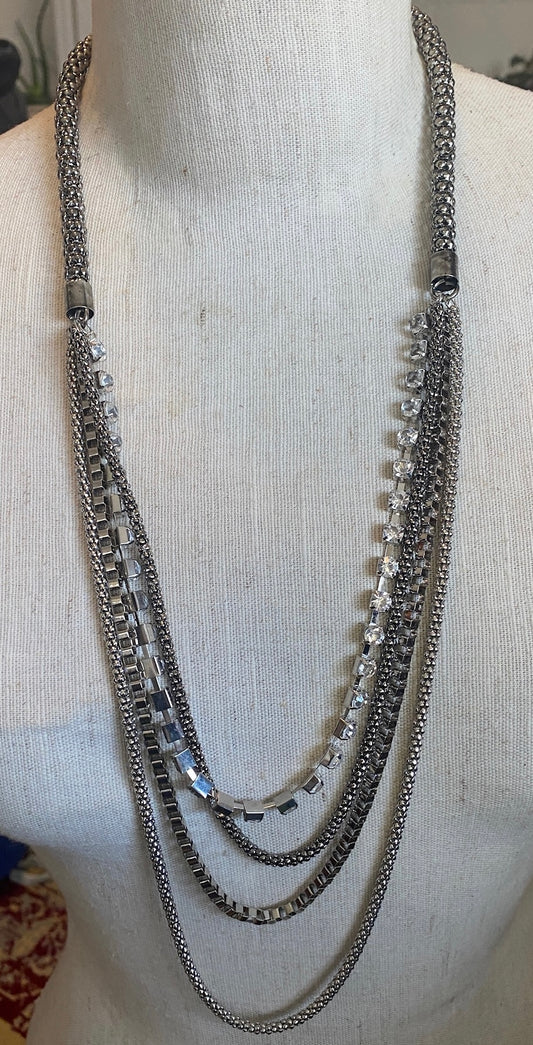 Silvertone Metal Rhinestone Chain Link Multistrand Necklace