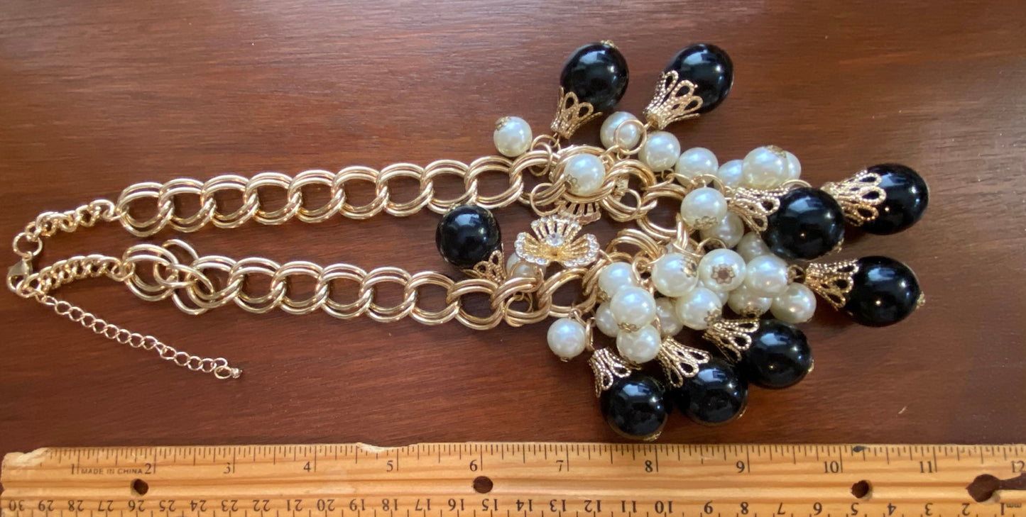 Gold Tone Large Chain Link Black Faux Pearl Bead Statement Collar Necklace