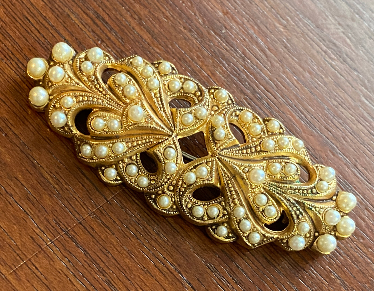 Vintage Gold Tone Seed Pearl Bar Brooch Pin Open Work